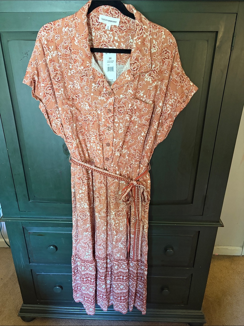 Lucky Brand Rust Paisley Button-Front Midi Dress